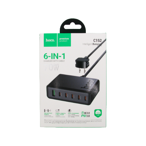 Chargeur multiple 70 W – 5 USB‑C + 1 USB‑A