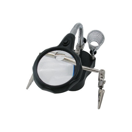 Support avec deux pinces, loupe intégrée et support pour fer à souder